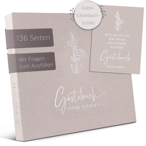 Love Notes® Gästebuch Hochzeit mit Fragen zum Ausfüllen – Hochwertiges Hochzeitsbuch für unvergessliche Erinnerungen, Edle Silber Prägung, 70 Gästeeinträge, 21 x 23 cm, Leinen Hardcover (Sandbeige)