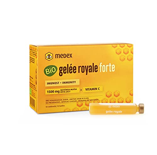 Medex Biologisches Gelée Royale FORTE, extra stark mit 1500 mg Gelée Royale, Flüssigkeit in Ampullen, leicht zu öffnen, mit natürlichem Vitamin C, aus biologischem Anbau 10 x 9 ml