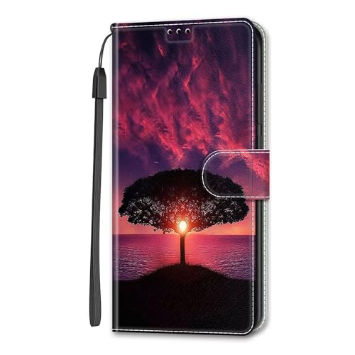 Rnrieyta Miagon Full Body Flip PU Leder Schutzhülle für Samsung Galaxy S24 Plus,Bunt Muster Hülle Brieftasche Case Cover Ständer mit Kartenfächer,Sonnenuntergang Baum