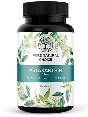 PURE NATURAL CHOICE ASTAXANTHIN 12mg - TÜV geprüft - 4 Monatsvorrat - Kapseln - Vegan - hochdosiert Bioverfügbarkeit aus reiner Mikroalge | 60 Stk.