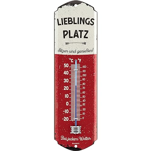 LANOLU Blechschilder Thermometer retro LIEBLINGSPLATZ Schild Garten außen - Deko Garten vintage Schilder, Gartendeko - Wanddeko Garten Schild aus Metall, 8x28 cm