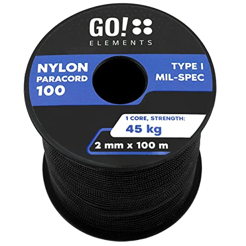 GO!elements 100m Paracord 2mm Seil aus reißfester Nylonschnur - Paracord 100 Typ I Survival Schnur - Reißfest bis 45kg - geeignet als Allzweckseil, Reepschnur, Kordel, Maurerschnur, Farbe: Schwarz