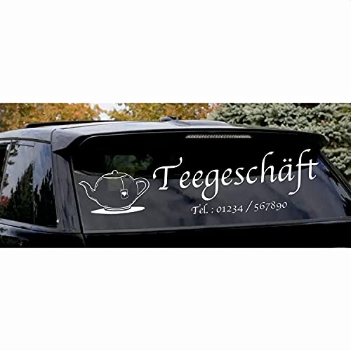 Heckscheibenaufkleber mit Firmenname und Wunschzeile für Ihr Teegeschäft ca.100cm Schaufenster Beschriftung Aufkleber