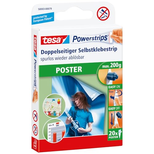 tesa Powerstrips POSTER - Doppelseitige Klebestreifen für Poster und Plakate - Selbstklebend und spurlos wieder ablösbar - Bis zu 200 g Halteleistung - 20 Stück