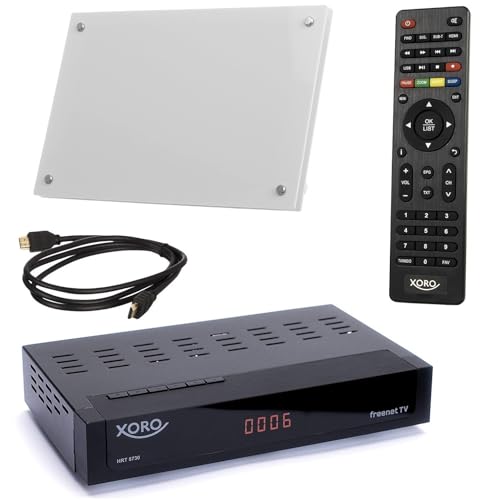 Xoro HRT 8730 KIT DVB-T2 Receiver (6 Monate FREENET TV) + aktive DVBT-2 Antenne + HDMI Kabel, HDTV, PVR Ready, USB Mediaplayer, schwarz