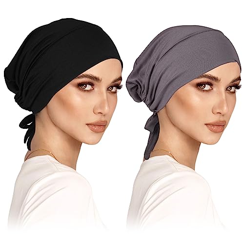 2er Pack Turban Damen Frauen Undercap Hijab Cap Unterschal Hijab Klassische Slouch Beanie Mütze Islamische Muslimische mit Tie Back Solid Color Hijab Mütze Kopfbedeckung Chemo Kopftuch Schlafmütze