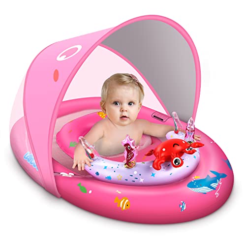 LAYCOL Schwimmring Baby mit UPF50+ Sonnenschutzdach & Spielzeug, Schwimmhilfe Baby für den Pool, Verstellbarer Sicherheitssitz, Kleinkind Pool Schwimmring für 6-36 Monate (Rosa)