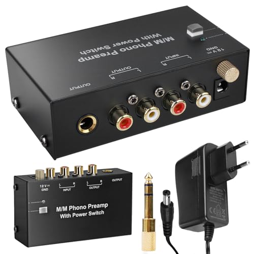 Phono Vorverstärker Plattenspieler, Phono Preamp für Plattenspieler mit MM-Abtast-Systemen, RCA Input & Output, Verstärker Stereo mit Pegel, Schwarz