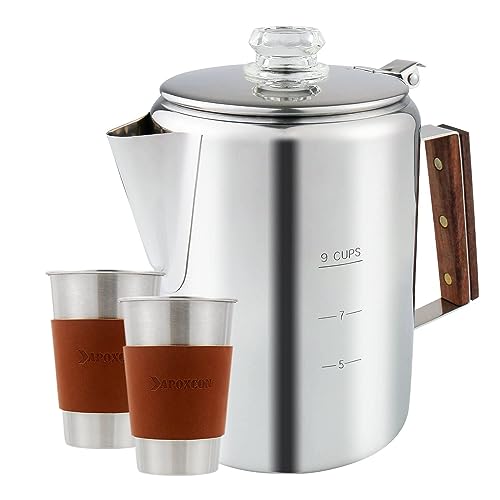 APOXCON Camping Kaffee Perkolator Pot, Edelstahl Kaffeebereiter 9 Tassen Kaffeekanne mit Glasknopf oben für Lagerfeuer oder Herd Kaffeezubereitung, Camping Kaffeekanne mit 2 Edelstahl-Kaffeetassen