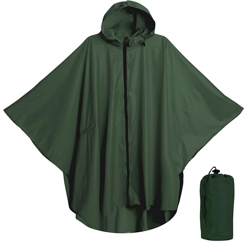 Strapazierfähiger Regenponcho für Rucksackreisen, wasserdicht, leicht, für Erwachsene, Militär, Notfall, Camping, Herren, Damen (Erwachsene, rund, Olivgrün)