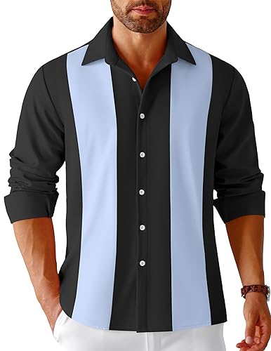 COOFANDY Herren Vintage Bowling Shirt Casual Langarm Button Down Retro Shirts, schwarz blau, Klein