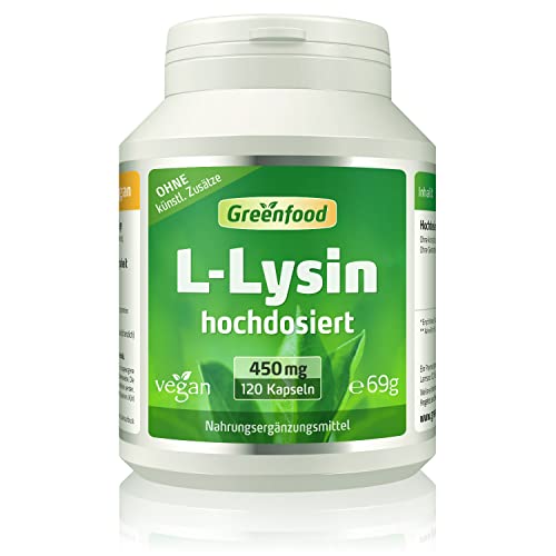 L-Lysin, 450 mg, hochdosiert, 120 Kapseln, vegan – wichtige und essentielle Aminosäure. OHNE künstliche Zusätze, ohne Gentechnik.