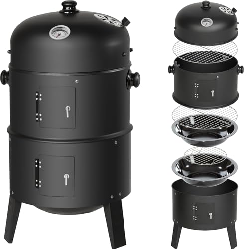 tectake® 3in1 Holzkohlegrill Smoker Räucherofen, Smoker Grill mit Thermometer und regulierbarem Luftabzug am Deckel, Wasserschale zum Dampfgaren, Holzkohle Grill mit Kohleschale und Ascherost, schwarz