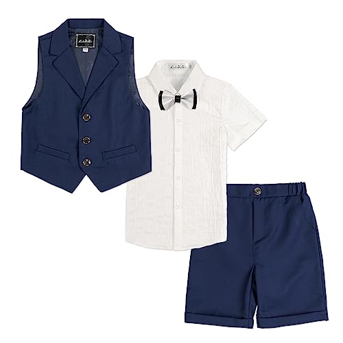 LOLANTA 4-teiliger Kinder Freizeit Anzug Set, Jungen Sommer Festlich Hochzeitsanzug, Kurzarm Hemd, Fliege, Weste, Kurze Hose, Dunkelblau, 140