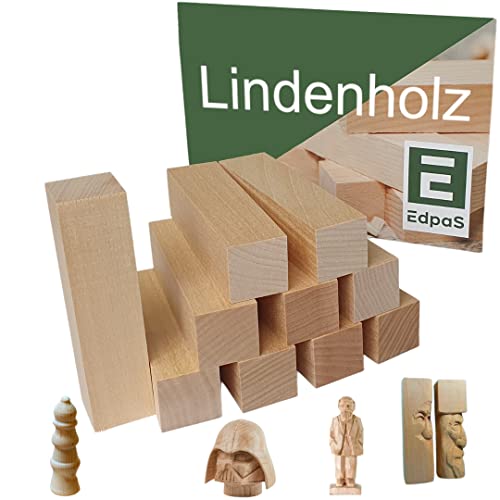 Edpas Schnitzholz Linde - 10er Pack Holzblock - Schnitzvorlage weiches Lindenholz zum Schnitzen - Schnitzset Holz Rohlinge zum Drechseln und Holz schnitzen mit Schnitz Vorlage Schnitzholz für Kinder