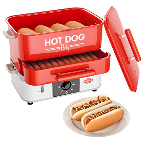 HOT DOG WORLD - Großer Hot Dog Maker mit Brötchenwärmefach - Hot Dog Party Steamer