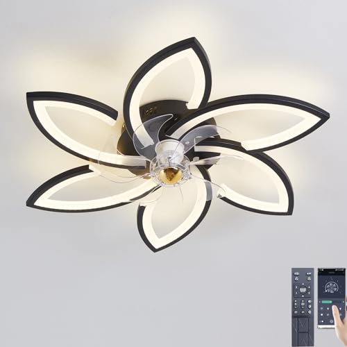 Narwhal Leise Deckenventilator mit Beleuchtung Dimmbar LED Deckenleuchte Ventilatorlicht Modern Wohnzimmerlampe Schlafzimmer Küche Esszimmer Lampen mit Ventilator (Schwarz, 6 Flammen & 7 Blätter)