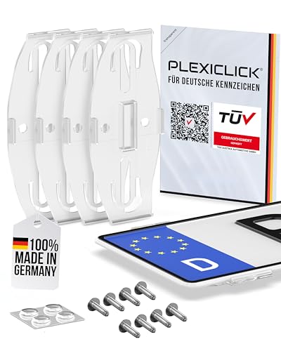 PLEXICLICK® Kennzeichenhalter Rahmenlos in Transparent - Einfache Montage - Für Alle Deutschen KFZ Kennzeichen - Nummernschildhalterung Auto - 100% Made in Germany - TÜV Zertifiziert -Straßenzulassung