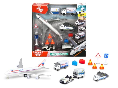 DICKIE 186390 Toys Flughafen Spielzeugset, Airport Set bestehend aus 3 Autos, 1 Flugzeug, Zubehör, gesamt 13 Teile, für Kinder ab 3 Jahren