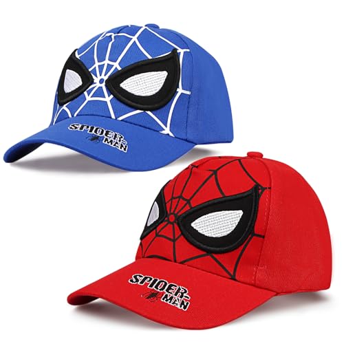 Xingsky Baseball Cap Kinder, Cap SPI-der Kinder 2 Pc Sonnencap Kinder Verstellbar Klettverschluss Baseballmütze Kinder, Sommerhut Baseball Cap SPI-der für Jungen Mädchen, 3-7Jahren Rot + Blau