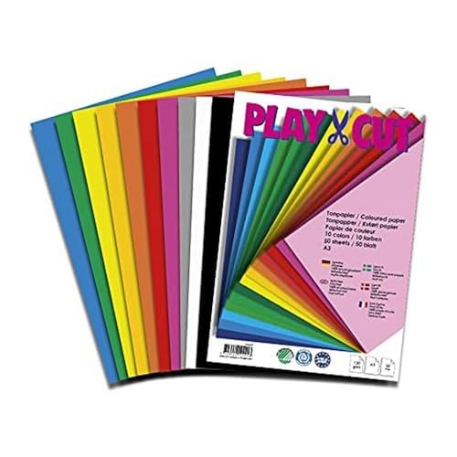 PLAY-CUT Tonpapier A3 (130g/m2) | 50 Bogen Din A3 Papier zum Basteln Drucken | Dickes Bedruckbares Bastelpapier Set und Druckerpapier A3 | Premium Tonzeichenpapier & Craft Paper