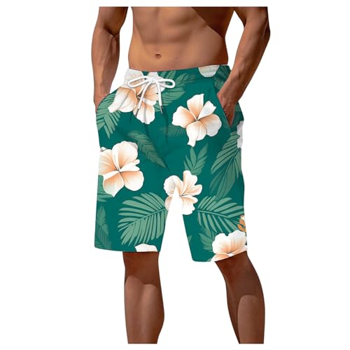 Hawaii-Shorts für Herren Kurze Hosen Herren Herren-Sommer-Shorts mit digitalem 3D-Druck, elastische Taille, Strandhose Herren Badeshorts Kariert Badeshorts Herren Sporthosen Herren Kurz (Green, XL)