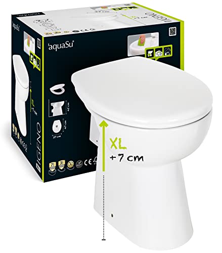 'aquaSu® Stand WC igenO spülrandlos mit +7 cm Erhöhung | Komplett-Set mit Toilettendeckel mit Absenkautomatik | Tiefspüler mit waagerechtem Abgang | Erhöhte Toilette | Komfort WC weiß | 57227 9