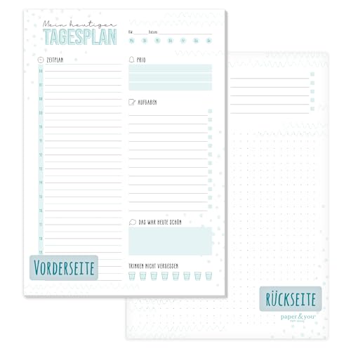 paper&you® A5 Tagesplaner Block [Mint] 50 Blatt | Daily Planner mit To-do-Liste, Zeitplan, Prios, Tages-Highligt und mehr | nachhaltig & klimafreundlich