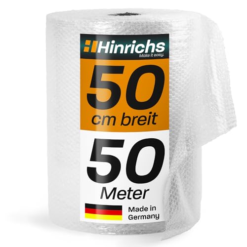 Hinrichs Luftpolsterfolie Rolle 50m x 50 cm - Ideal für Versand, Verpackung und Umzug - 100% recyclingfähig - Bubble Wrap als Verpackungsmaterial - Noppenfolie - Polstermaterial