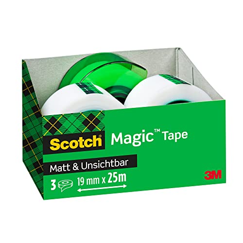 Scotch Magic Unsichtbares Klebeband, 3 Rollen, 19 mm x 25 m + 1 Handabroller GRATIS Grün - Unsichtbares Klebeband für allgemeine Zwecke zur Reparatur, Etikettierung und Versiegelung von Dokumenten