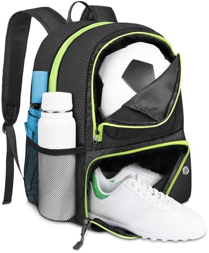 YOREPEK Fußball Tasche, Fussball Rucksack mit Schuhfach und Ballfach, Leicht Sportrucksack Herren Damen Basketball Rucksack Wasserfest Sportausrüstungstasche für Basketball Volleyball Fußball, Schwarz