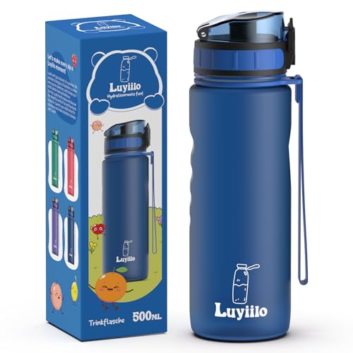 Luyiilo Kinder Trinkflasche Auslaufsicher, Sport Trinkflasche Schule für Wandern & Fitnessstudio, Kohlensäure Geeignet & BPA-Frei Trinkflasche mit Fruchteinsatz (Blau – 500ml)