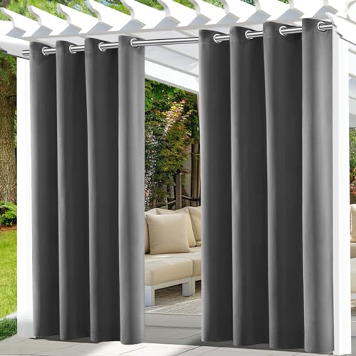 UFYTT Outdoor Vorhang Wetterfest 2er Set,Outdoorvorhänge Wasserfest mit Ösen Oben,Blickdicht Outdoor Gardinen Sichtschutz,Sonnenschutz Outdoor Gardine,für Terrasse,132x215cm,Grau, HWCL-H002