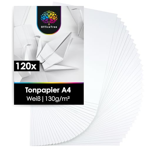 OfficeTree 120 Blatt Tonpapier Weiß A4-130g/m² Weißes Bastelpapier - Tonkarton A4 Weiß zum Basteln und Gestalten