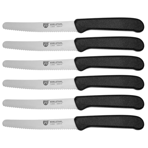 GRÄWE Tafelmesser 6 Stück, Messerset zum Schneiden, 6er Pack Brötchenmesser, Frühstücksmesser mit einseitigem Wellenschliff, Brotzeitmesser, scharfe Messer für Brotzeit, 21 cm - Schwarz