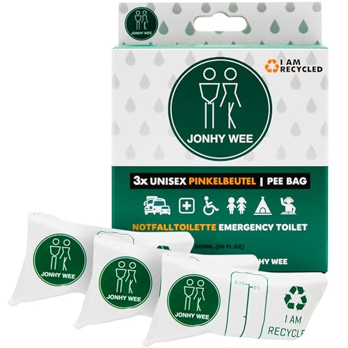 Jonhy Wee Pinkelbeutel Taschen-WC für Unterwegs 600ml 3 Stück - Notfall Toilette WC für Frauen, Kinder, Männer - Reisetoilette Auto - Camping Festival Toilette Frauen Urinal Unterwegs Urinbeutel