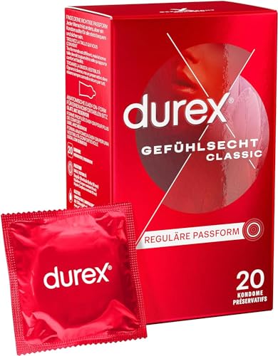 Durex Gefühlsecht Classic Kondome – Dünne Kondome mit anatomischer Easy-On-Form & mit Silikongleitgel befeuchtet – 20er Pack