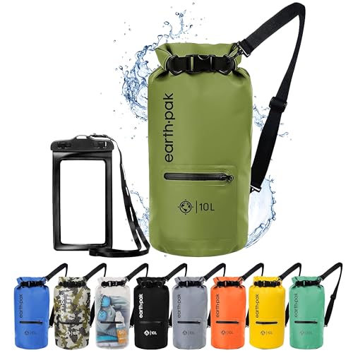 Earth Pak Dry Bag – Wasserdichter Packsack mit Reißverschluss Tasche, Schultergurt und wasserfester Handyhülle – Ideal beim Kajak Fahren, Camping, Angeln, Bootfahren und Rafting (Grün, 10L)