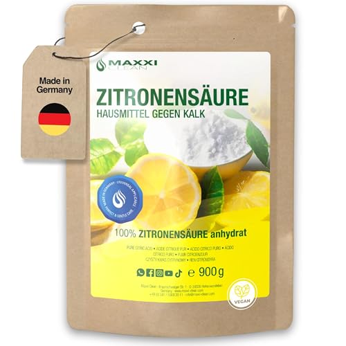 Maxxi Clean | 1x 900 g Zitronensäure Pulver in Lebensmittelqualität | Made in Germany | Hausmittel für Küche, Haushalt & Kosmetik | Citronensäure (100% Reinheit) wiederverschliessbar