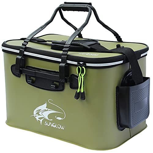 MMSGA Angeleimer, tragbarer Faltbarer Angelköder-Eimer，Multifunktionaler Behälter für lebende Angelköder, Outdoor-Camping-Eva-Angeltasche und Fischschutzeimer(Armeegrün, 30L)