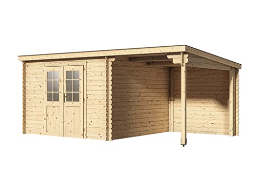 Woodtex Holz Gartenhaus Blockbohlenhaus CA2976 | Wandstärke 28 mm | Naturbelassen | Mit 2 m Anbau | B x T x H: 496 x 309 x 204 cm | Doppeltür Mit Echtglas