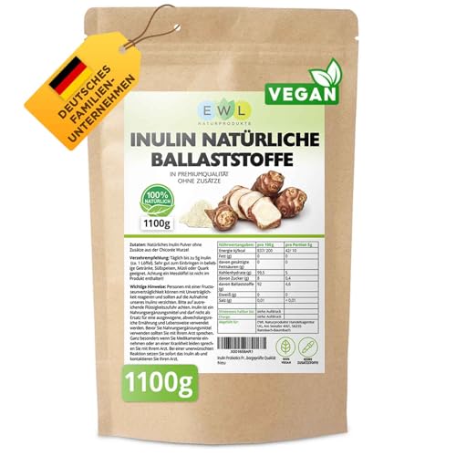 EWL Naturprodukte Inulin Pulver│in Deutschland kontrolliert und abgefülltes Qualitätsprodukt │1100g aus der Chicoree-Wurzel Ballaststoffpulver Inulinpulver Laborgeprüfte Qualität