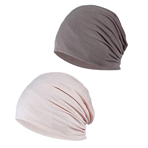 YOFASEN Slouchy Beanie Mütze - Chemo Cancer Kopfbedeckung aus Baumwolle Schlafmütze Turban Kopfbedeckung Strecken Muslimisches Kopftuch für Frauen Männer(2er Pack), Khaki + Beige, One Size