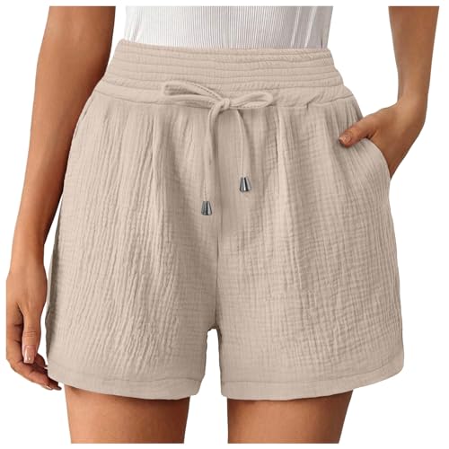 Summer Damen Shorts Sport Damen-Hosen mit doppelter Lage, Falten am Saum, gerades Bein, Freizeithose mit hoher Taille, sportliche lockere Shorts, lässige Modehose Damen Shorts Schwarz (Khaki, S)