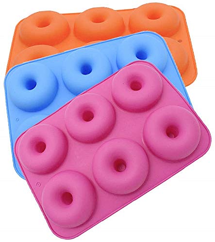 sinzau 3-Pack Silikon Donut Formen, 6 Hohlraum Antihaft-Safe Backblech Maker Pan Hitzebeständigkeit für Kuchen Keks Bagels Muffins (Rot Orange Blau)