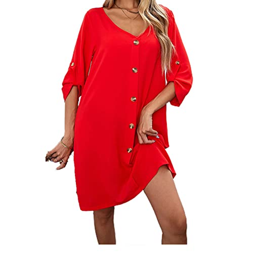 Damen Casual Kleider Minikleid A Linie Knopfleiste Blusenkleid Einfarbig V-Ausschnitt Langarm Shirtkleid (M,Rot)