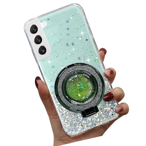 Tivenfezk Nadoli Sparkle Treibsand Ständer Hülle für Samsung Galaxy S22,Versteckt Ständer Ring Klar Glitzer Stern Handyhülle Durchsichtig Bling Schutzhülle Case Cover,Grün