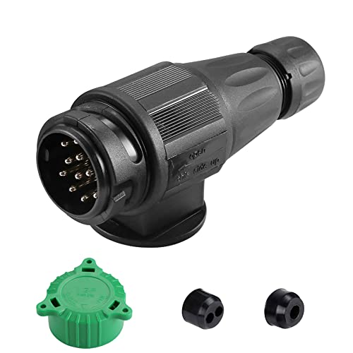 SPARKMOTO 13 Poliger Anhänger Stecker, mit Wasserfester Dichtung,12V Wasserdicht Anhängerstecker 13 polige mit Grün Parking Cover,13 polige Anhänger Stecker Für WohnwagenPKW AHK Adapter Stecker(lang)