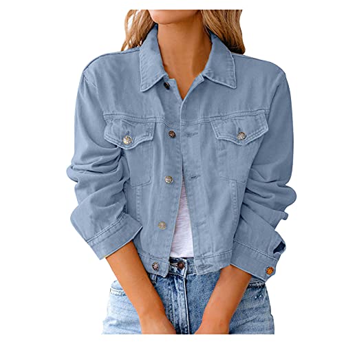 rtdgcv Damen Mantel S Jeantel für Frauen retro lässige Relax-Reverse-Knopf-Daunentasche Langarm-Kurzjeanshemd Mantel Kamel Damen (Light blue, L)