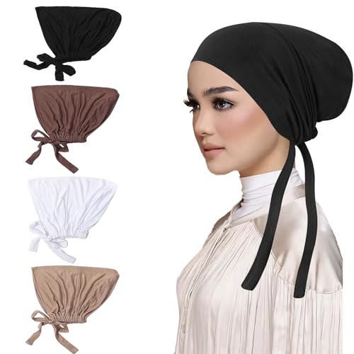 OPUHOHR 4 Stück Frauen Muslimischen Kopftuch, Mütze Turban Kopfbedeckung, Islamische Muslimische mit Tie Back Solid Color Hijab Mütze Kopfbedeckung Chemo Kopftuch Schlafmütze